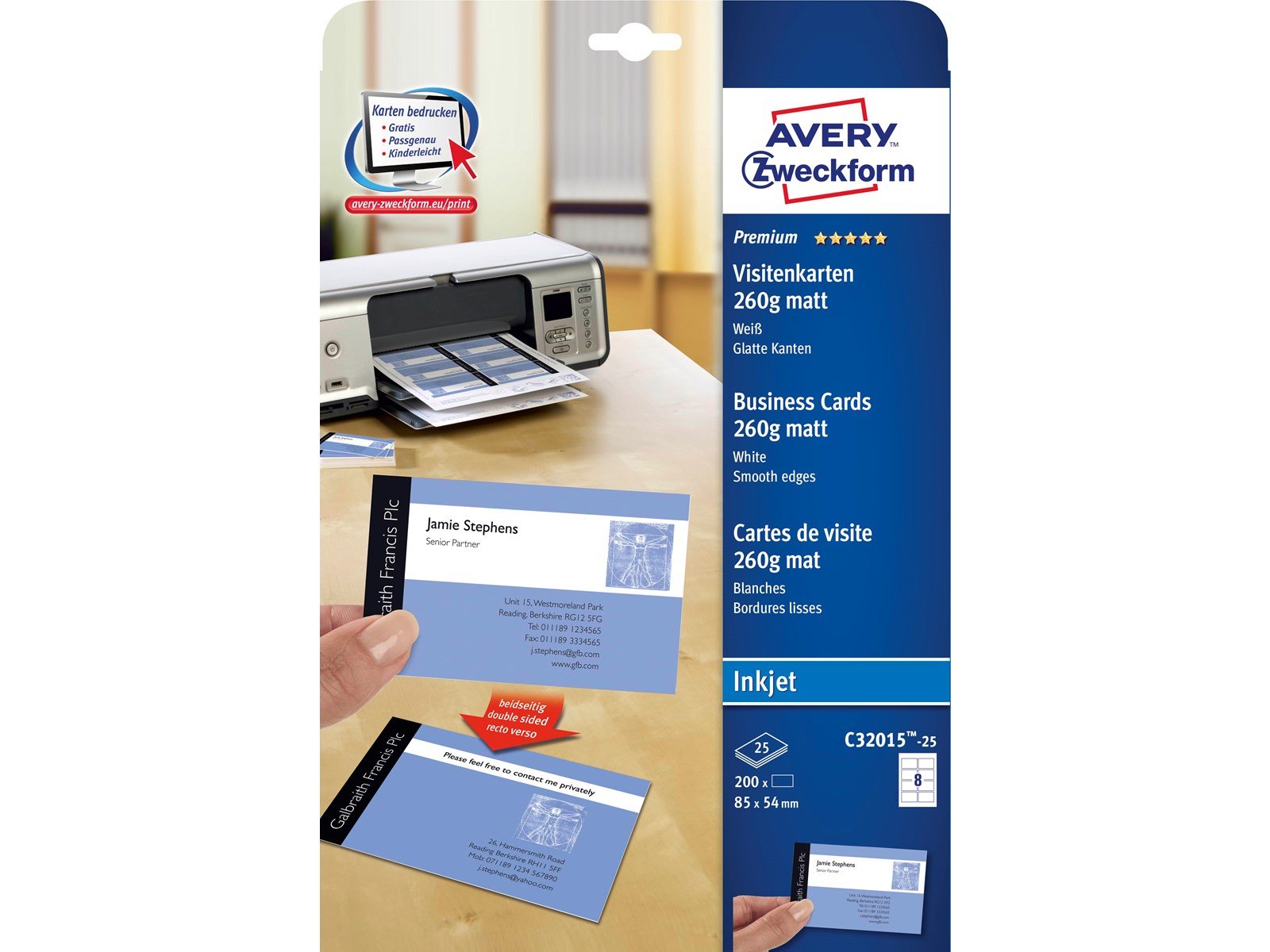 Avery Business cards white matt double-sided print 260g Quick & Clean™