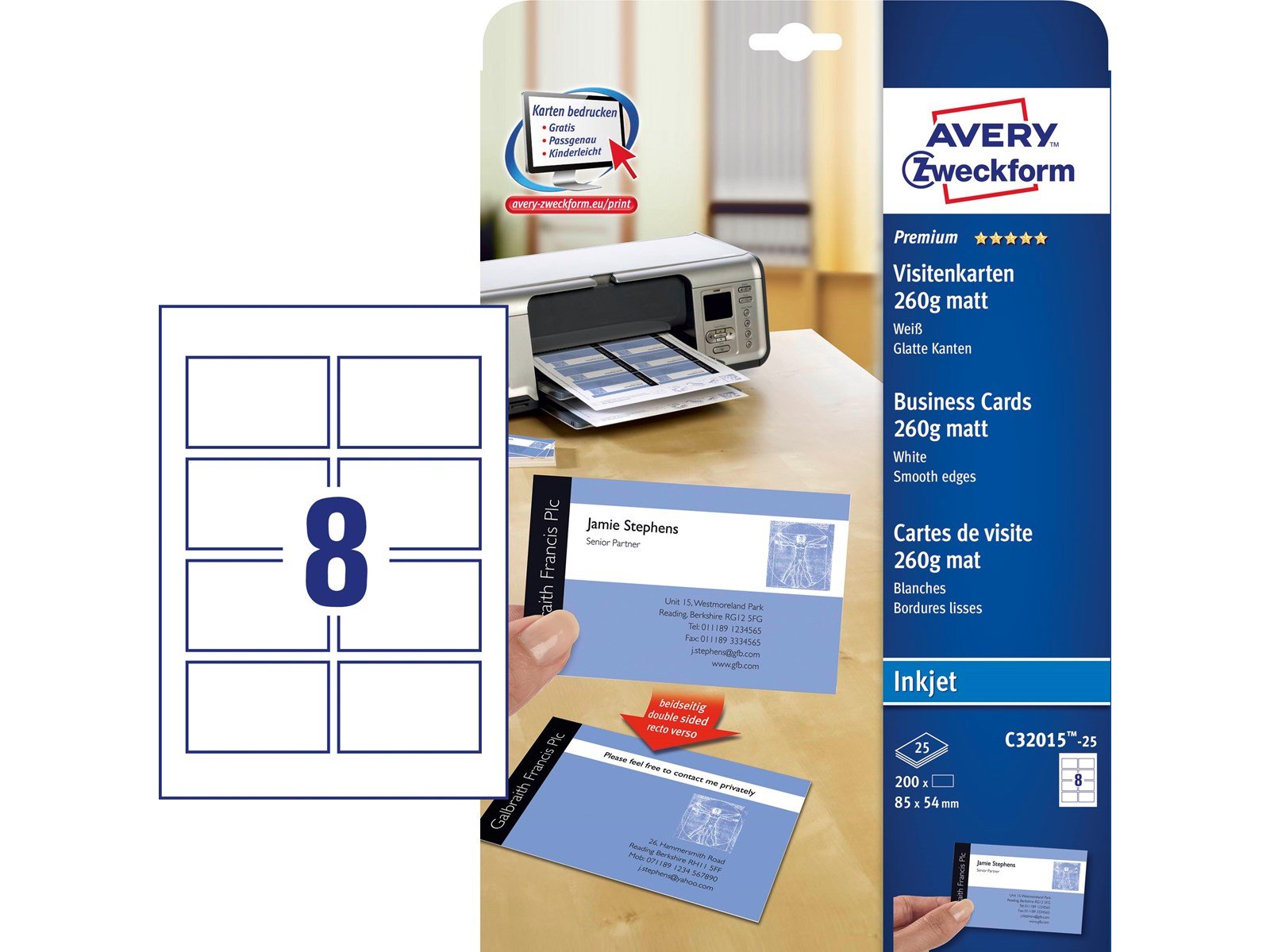 Avery Business cards white matt double-sided print 260g Quick & Clean™