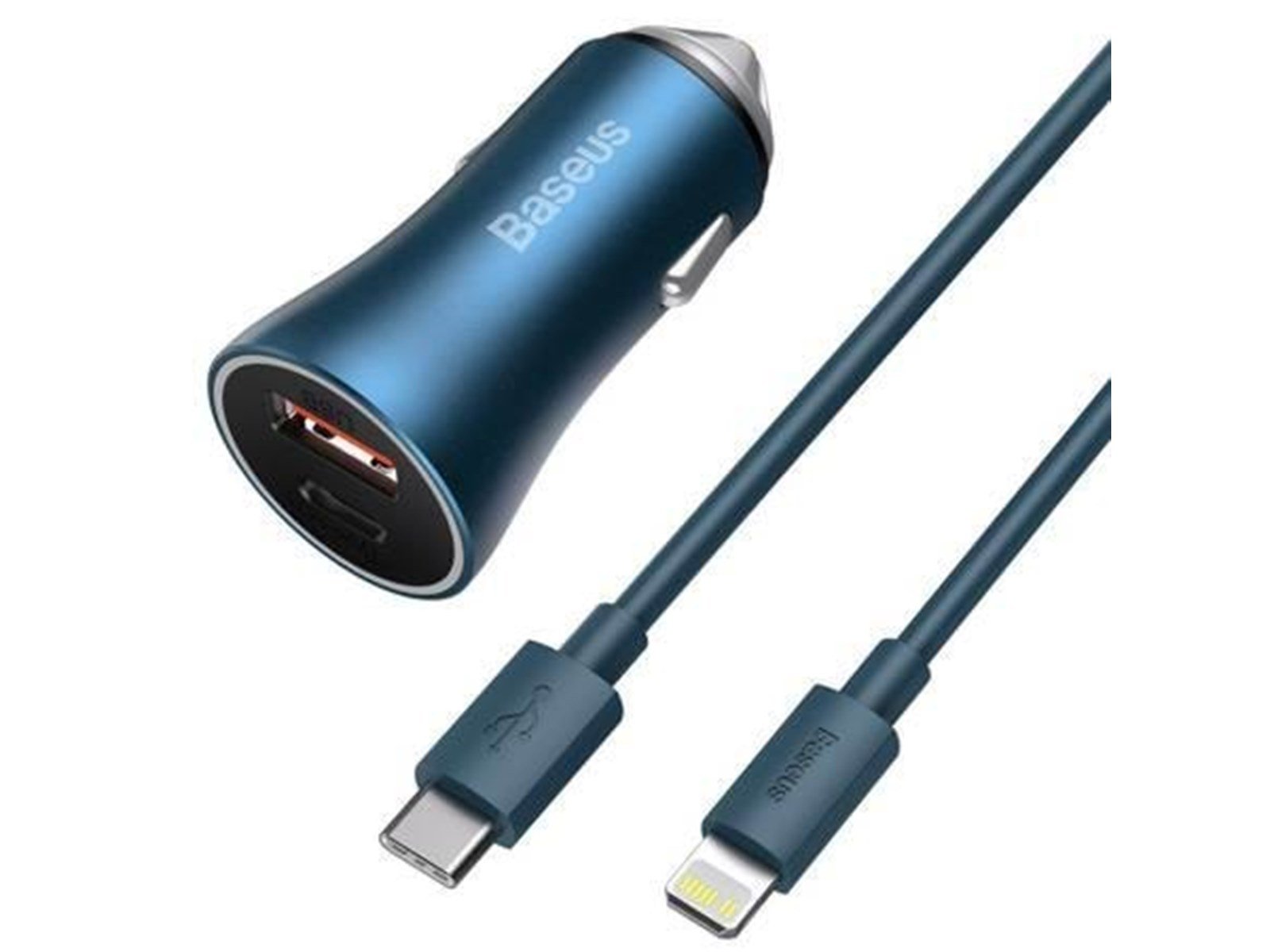 Baseus Golden Contactor Pro car charger USB + USB-C QC4.0+ PD SCP 40W (blue) + USB-C - Lightning cable 1m (blue)