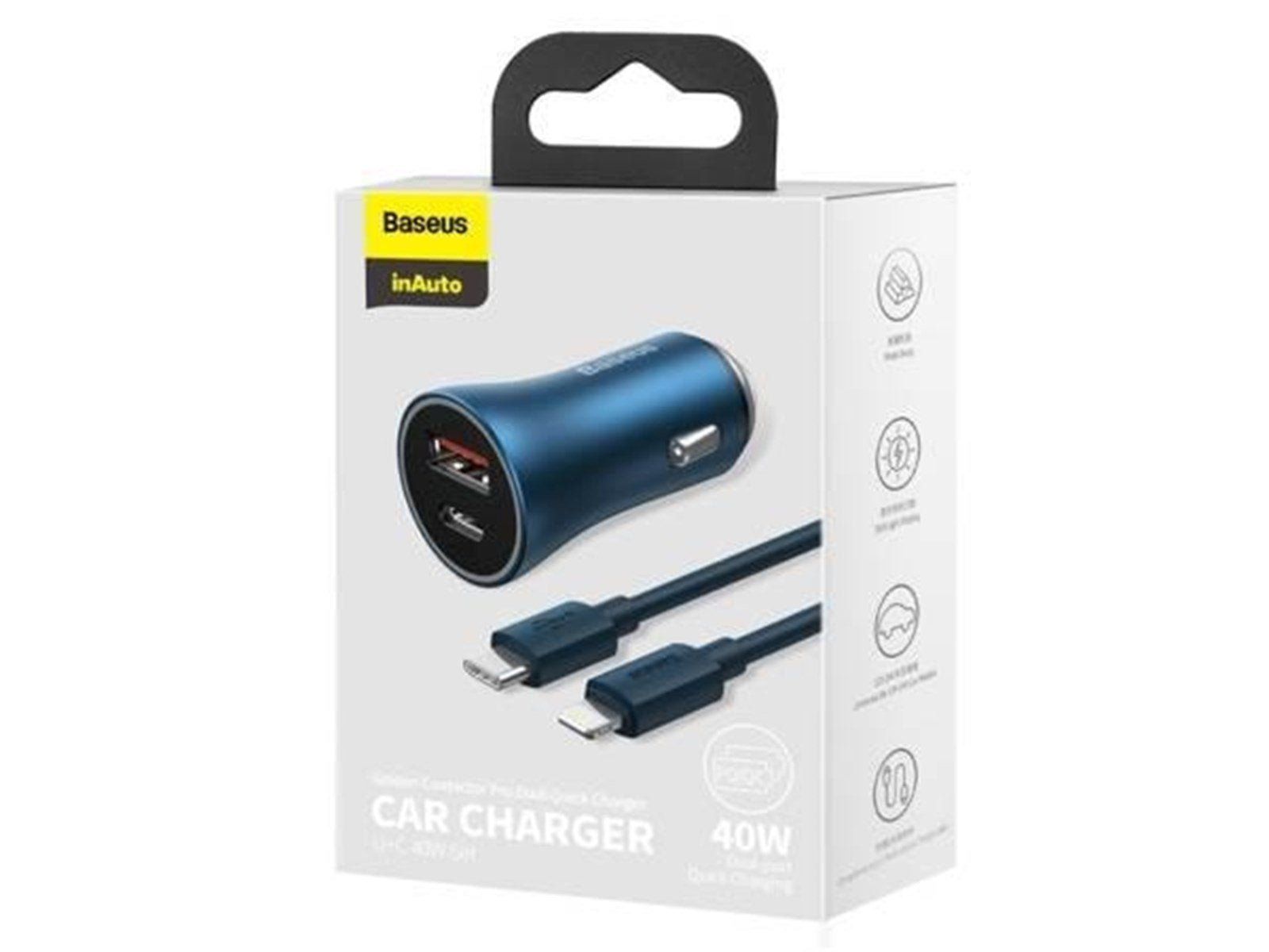 Baseus Golden Contactor Pro car charger USB + USB-C QC4.0+ PD SCP 40W (blue) + USB-C - Lightning cable 1m (blue)