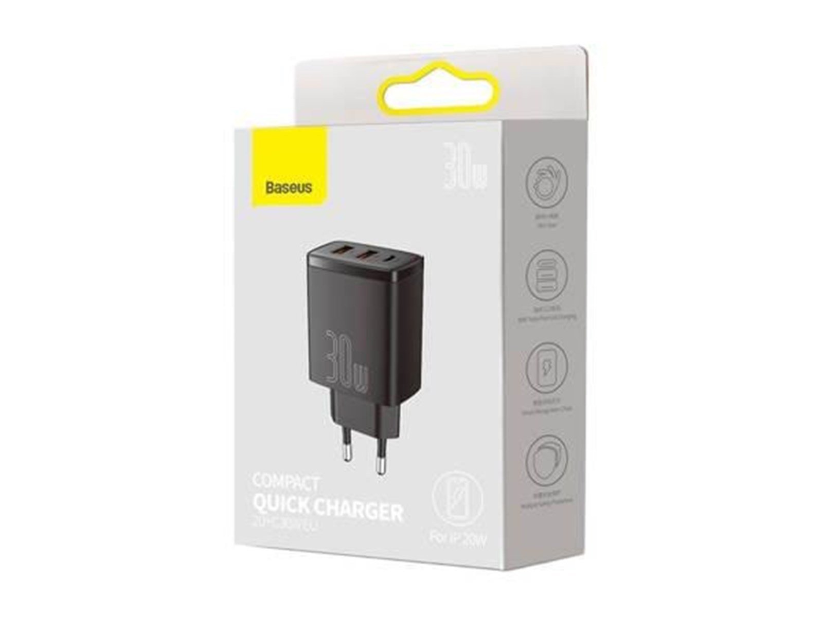 Baseus Charger  Compact Quick Charger 2xUSB USB-C PD 3A 30W - Black