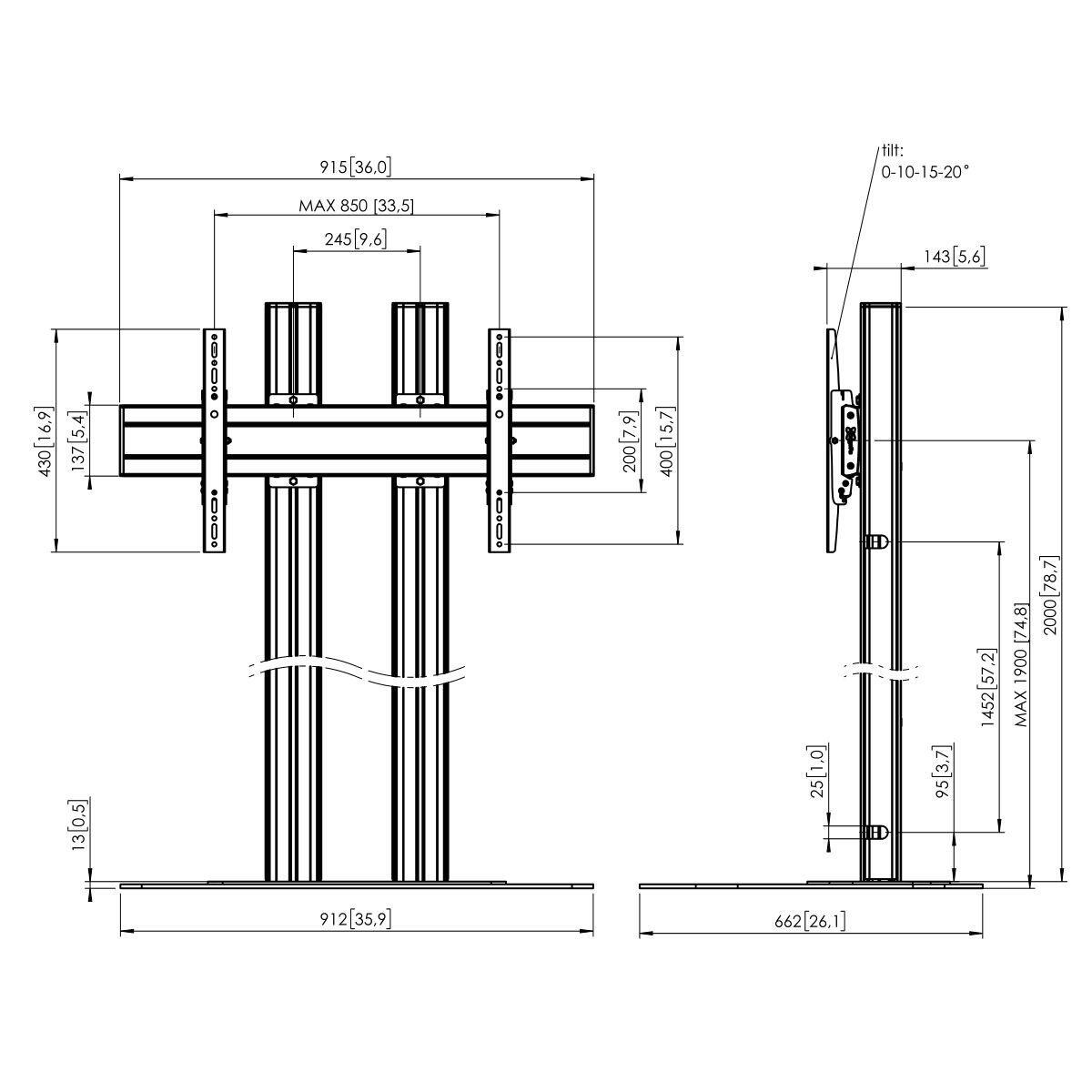 Vogel's FD2084 TV-Standfuß bis 165 cm (65') doppel Profil, Höhe 200 cm, max. 120 kg, Vesa max. 800 x 400, silber-schwarz