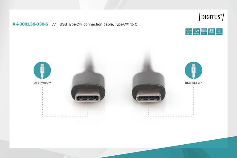 DIGITUS USB Type-C Anschlusskabel, Type-C 3A, 480MB, Version 2m schwarz