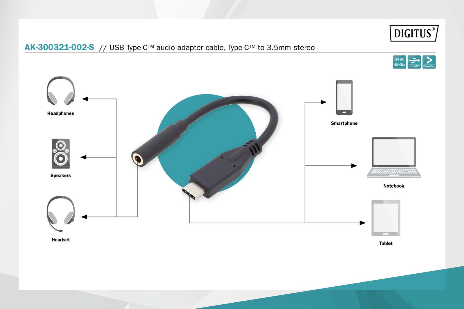 DIGITUS - Adapter USB-C auf Klinkenstecker - 24 pin USB-C männlich zu Stereo Mini-Klinkenstecker weiblich 20 cm Schwarz