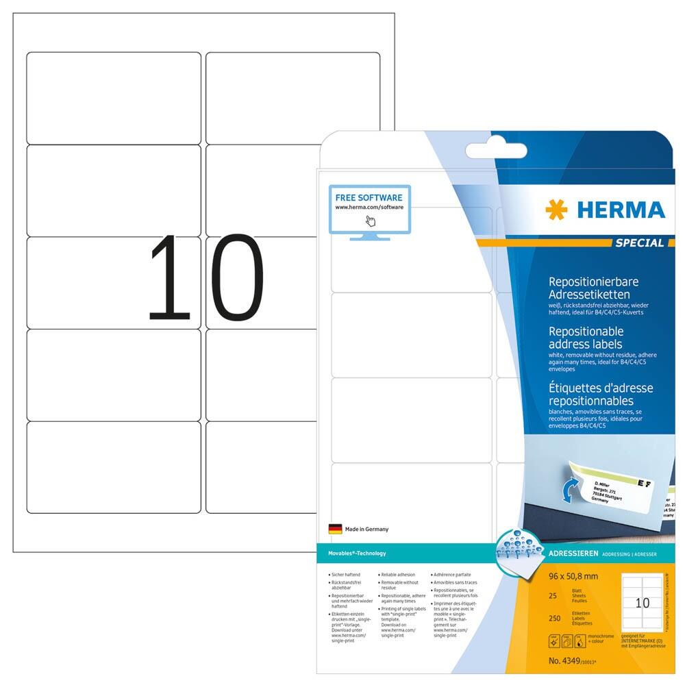 HERMA Adressetiketten 4349 weiß 96,0 x 50,8 mm - 250 Stück