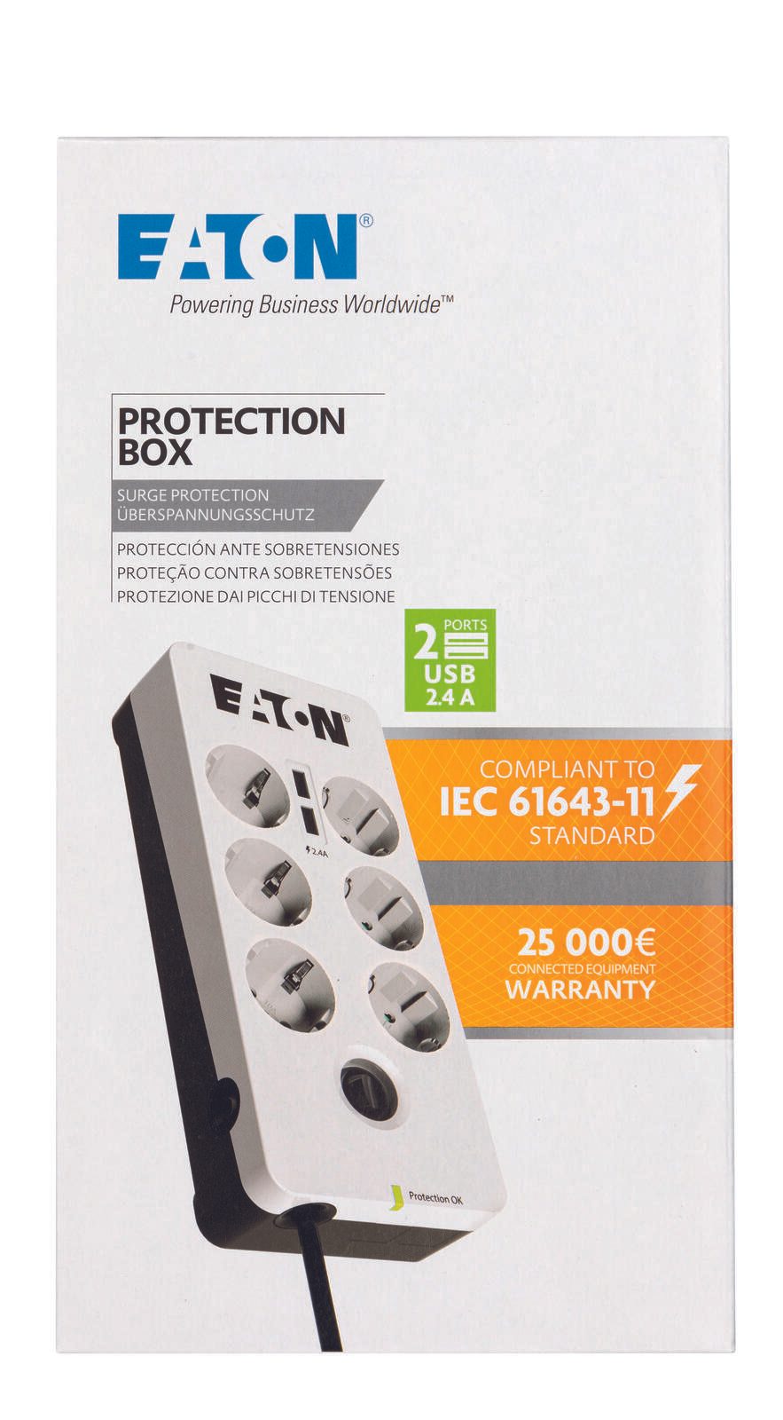 Eaton Steckdosenleiste 6-fach mit USB-Anschlüsse und Schalter 1.5m weiß