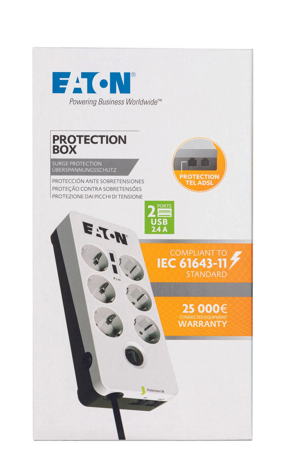 Eaton Steckdosenleiste 6fach mit RJ-11 Telefonstecker und USB-Anschlüsse 1.5m weiß