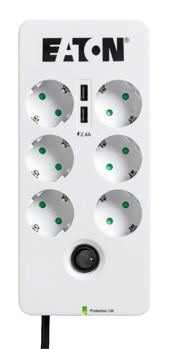 Eaton Steckdosenleiste 6fach mit RJ-11 Telefonstecker und USB-Anschlüsse 1.5m weiß