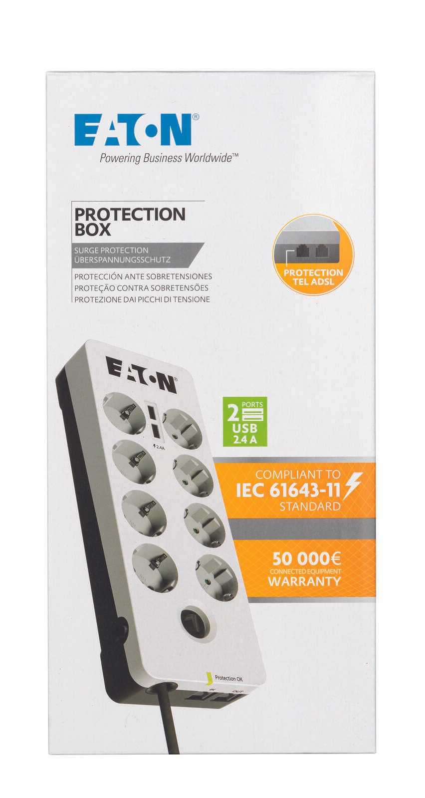 Eaton Steckdosenleiste 8fach mit RJ-11 Telefonstecker und USB-Anschlüsse 1.5m weiß