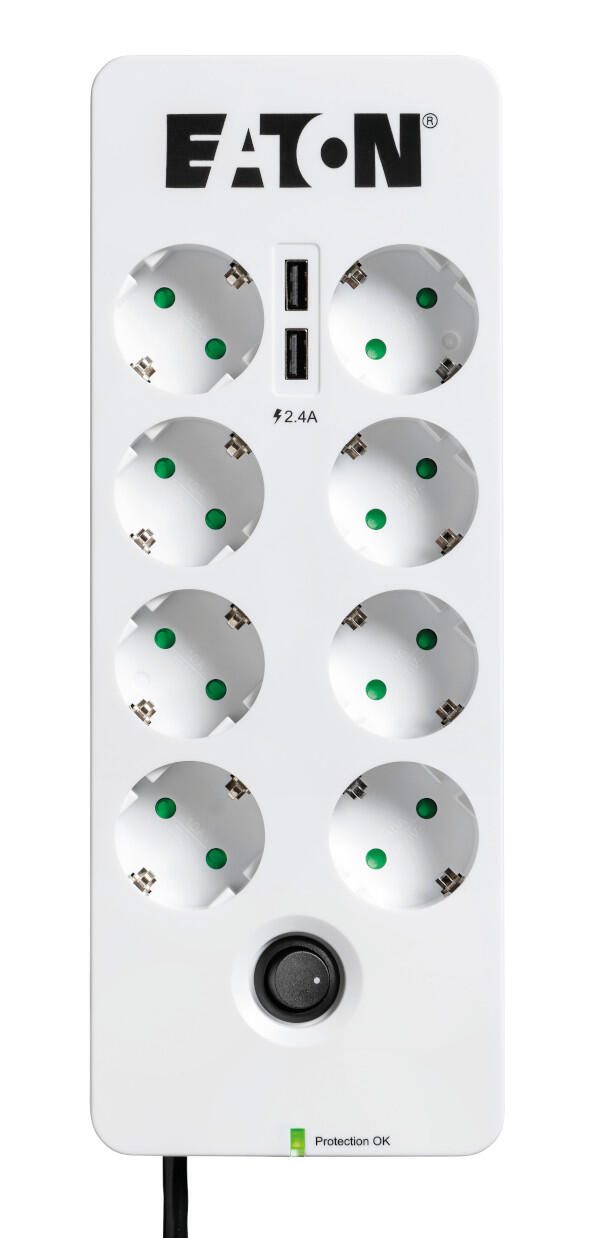 Eaton Steckdosenleiste 8fach mit RJ-11 Telefonstecker und USB-Anschlüsse 1.5m weiß