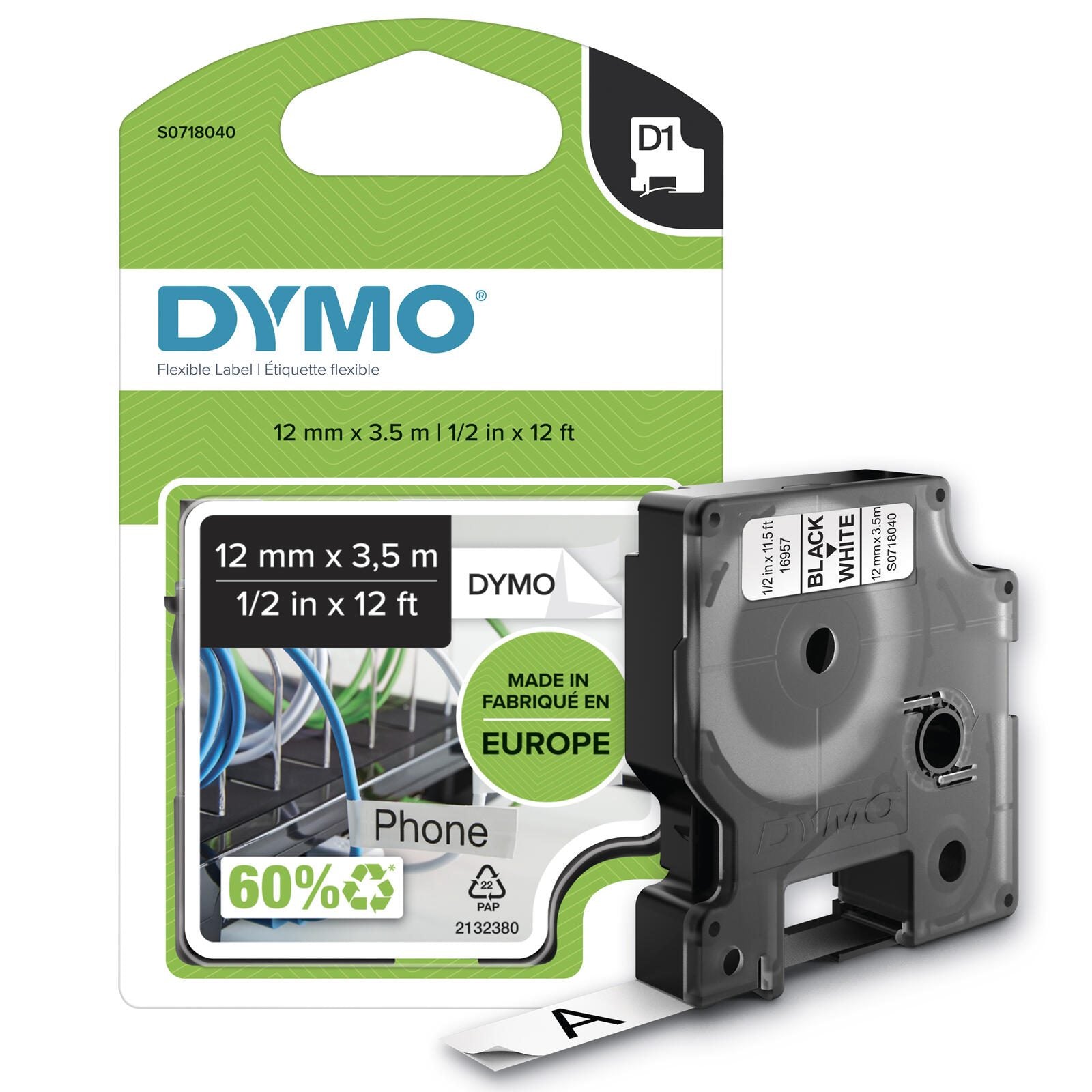 DYMO® Original D1-Schriftband 'Hochleistung' für LabelManager™ 12mm x 3,5m - flexibles & reissfestes Nylon, permanent ha
