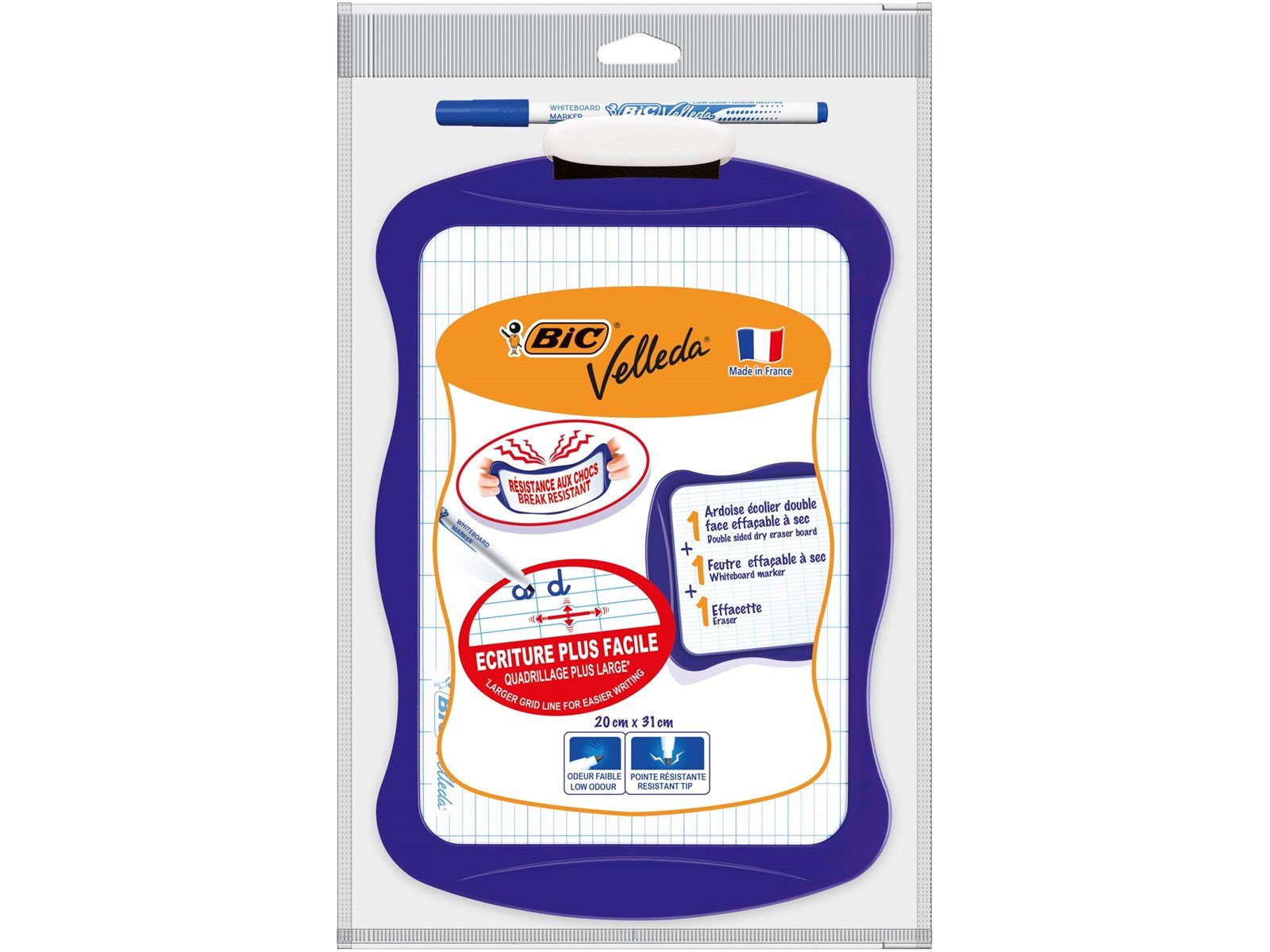 BIC Velleda Double-Sided Dry Erase Board (21 x 31 cm) Trocken abwischbare Tafel, doppelseitig, mit Whiteboard-Marker und Radiere