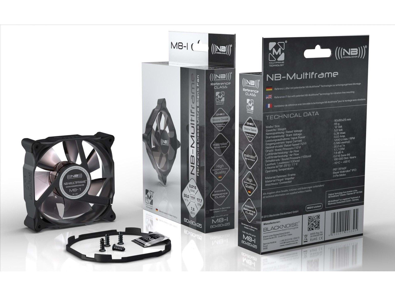 Blacknoise Multiframe M8-S2 - Gehäuselüfter - 80mm - Schwarz mit weißen Flügeln - 15 dBA