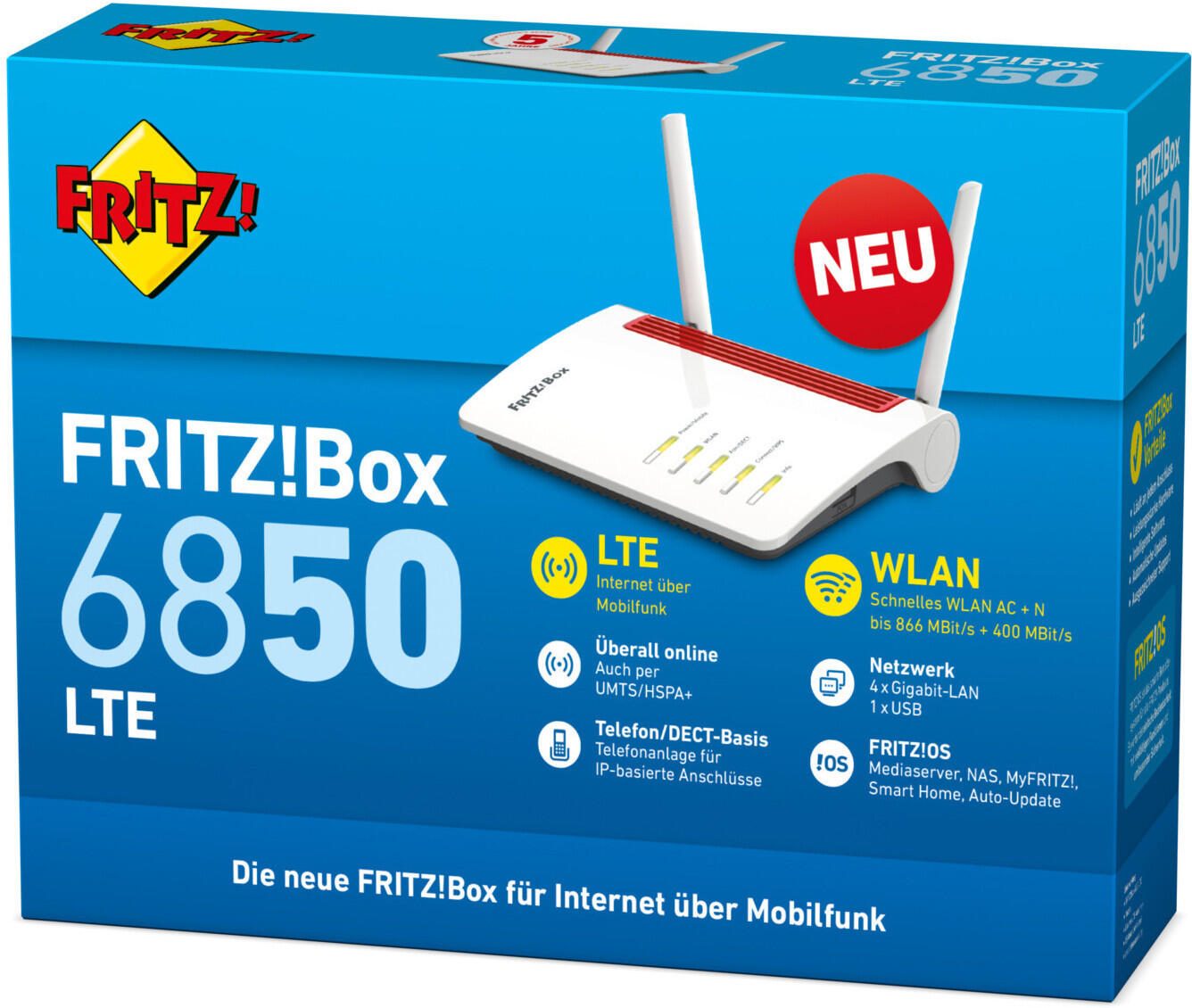 AVM FRITZBox 6850 LTE Wireless Router DSL/WWAN 4-Port-Switch GigE WiFi5 Dual-Band VoIP-Telefonadapter (DECT)