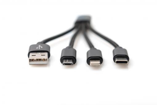 DIGITUS 3-in-1 USB-Ladekabel - USB / USB-C / Lightning / Micro-USB 0,15m