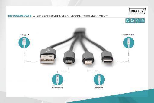 DIGITUS 3-in-1 USB-Ladekabel - USB / USB-C / Lightning / Micro-USB 0,15m