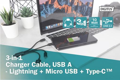 DIGITUS 3-in-1 USB-Ladekabel - USB / USB-C / Lightning / Micro-USB 0,15m