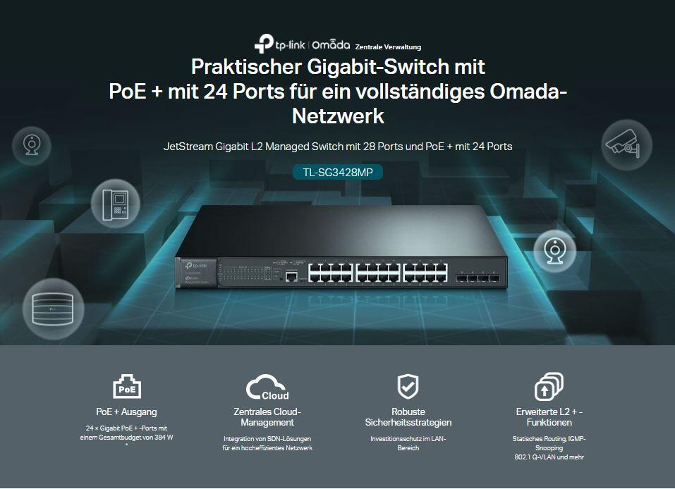 TP-LINK TL-SG3428MP JetStream-28-Port-Gigabit-L2-Managed-Switch mit 24 PoE+ -Ports 384W +4 Gigabit SFP Ports