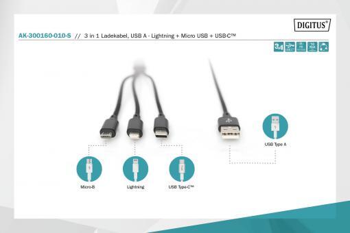 DIGITUS 3-in-1 USB Ladekabel - USB / USB-C / Lightning / Micro USB 1m