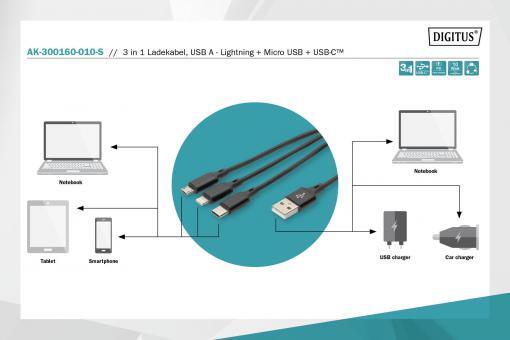 DIGITUS 3-in-1 USB Ladekabel - USB / USB-C / Lightning / Micro USB 1m