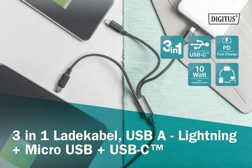 DIGITUS 3-in-1 USB Ladekabel - USB / USB-C / Lightning / Micro USB 1m
