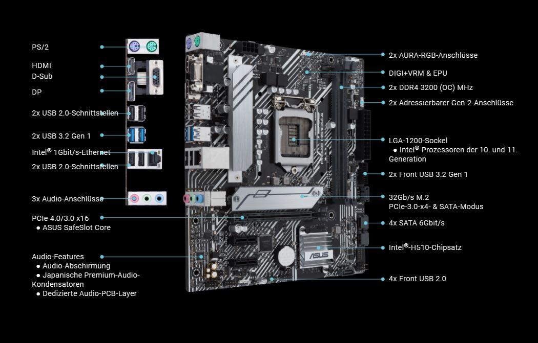 ASUS Prime H510M-A mATX Gaming Mainboard Sockel Intel LGA120