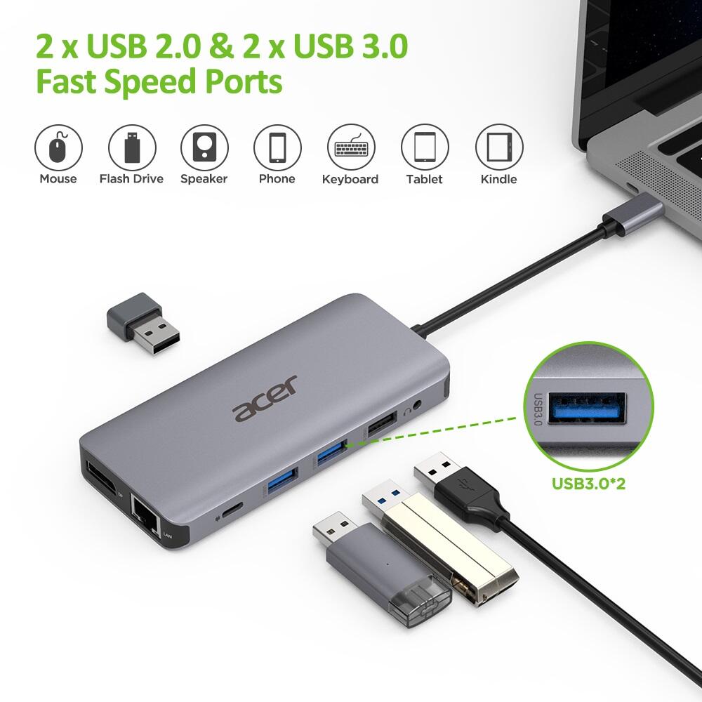 Acer 12-in-1 Mini Dock USB Type-C zu 2x USB 3.2, 2x USB 2.0, SD/TF, 2x HDMI, 1x PD, DisplayPort, RJ45, Klinke 3,5