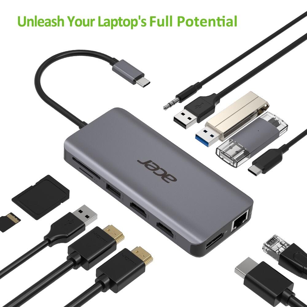 Acer 12-in-1 Mini Dock USB Type-C zu 2x USB 3.2, 2x USB 2.0, SD/TF, 2x HDMI, 1x PD, DisplayPort, RJ45, Klinke 3,5
