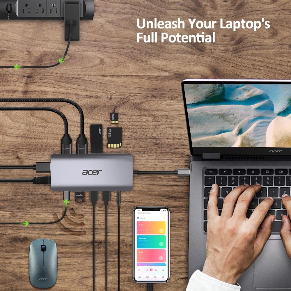 Acer 12-in-1 Mini Dock USB Type-C zu 2x USB 3.2, 2x USB 2.0, SD/TF, 2x HDMI, 1x PD, DisplayPort, RJ45, Klinke 3,5