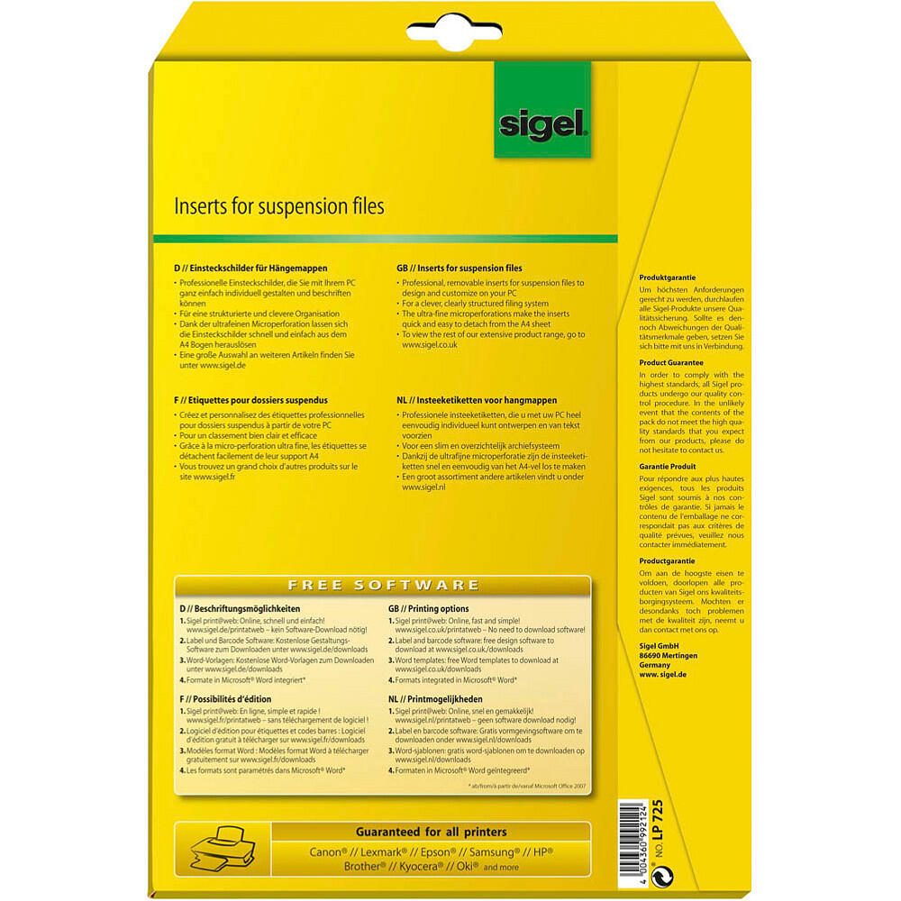 sigel Beschriftungsschilder für Hängeregister weiß - 180 Stück