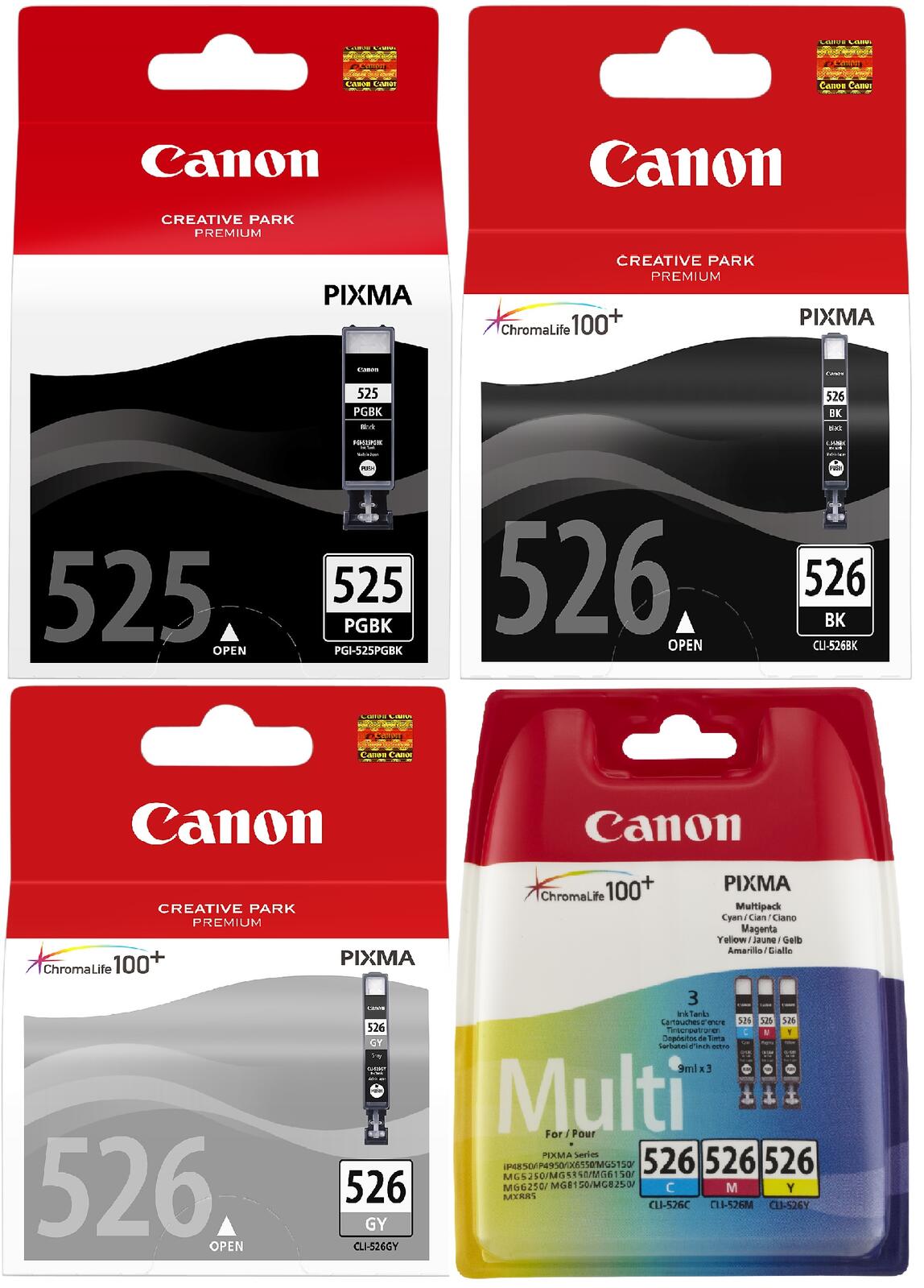 Canon Original CLI-526 + PGI-525 Druckerpatronen 6erMultipack - BK/C/M/Y/GY/BK 5x9ml / 1x19ml