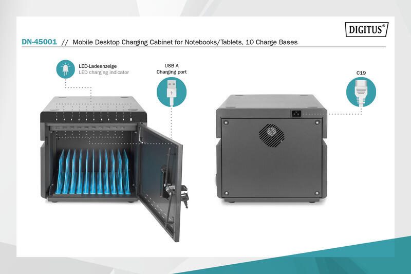DIGITUS mobiler Ladeschrank für 10 Notebooks / Tablets verschließbar aktive Lüftung DN-45001