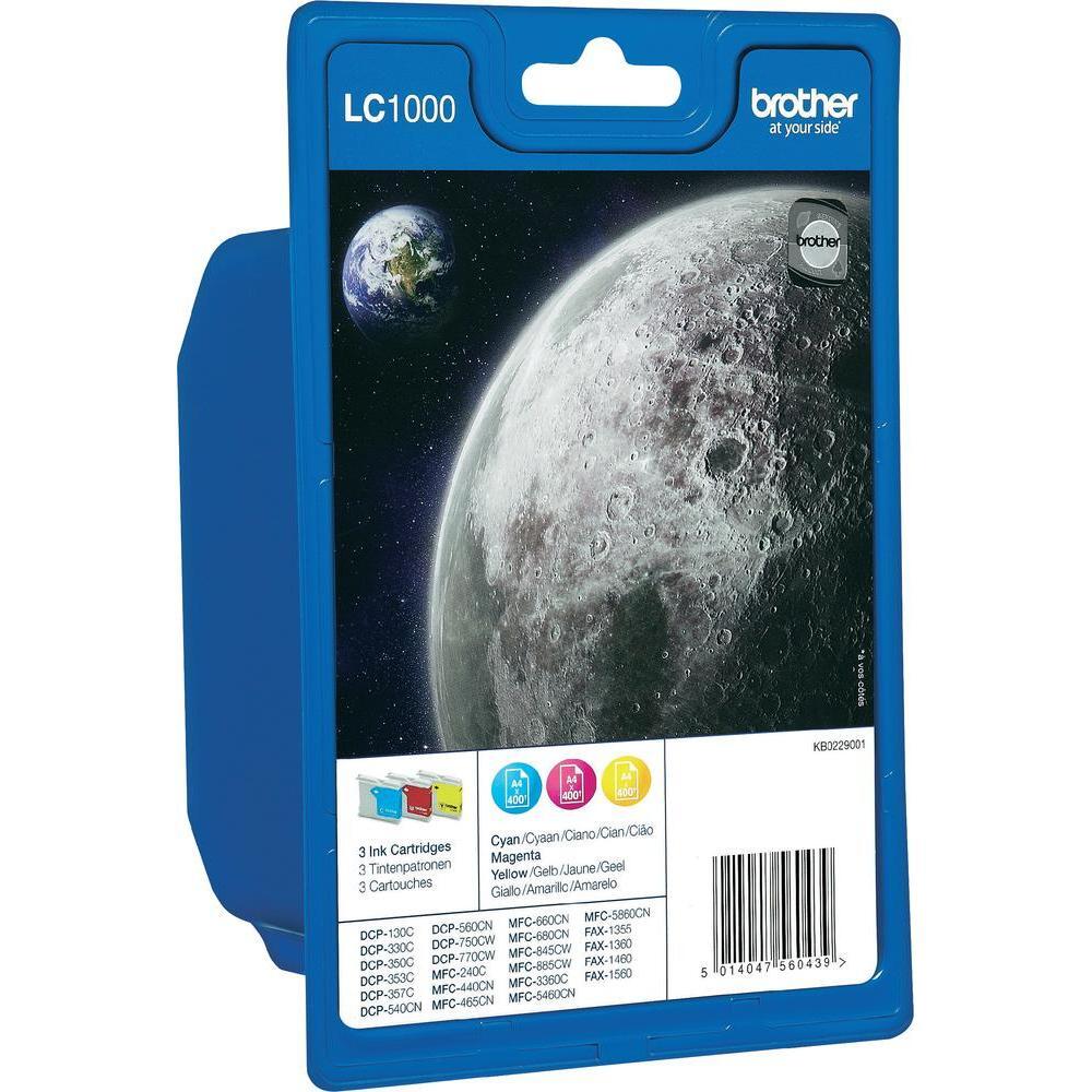 Brother Original LC-1000 Druckerpatronen 3er Multipack C/M/Y 400 Seiten (LC1000RBWBPDR)