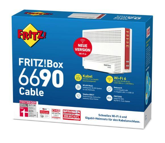 AVM FRITZBox 6690 Cable Wireless Router Kabelmodem 4-Port-Switch GigE, 2.5 GigE WiFi6 Dual-Band VoIP-Telefonadapter