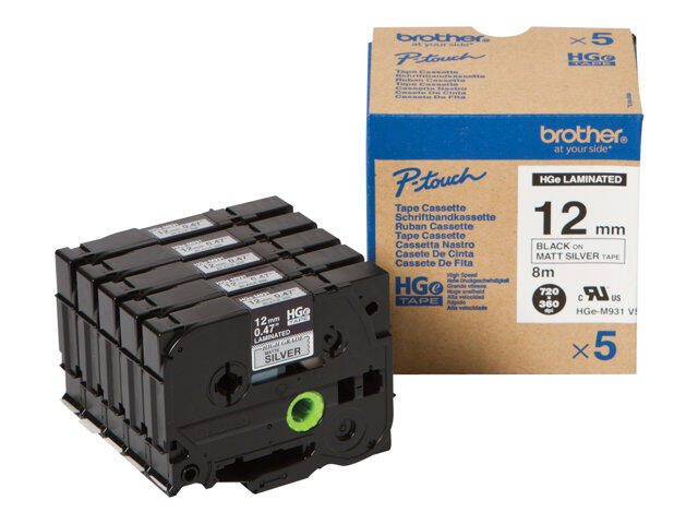 Brother HGEM931V5 - Laminiertes Band - Schwarz auf Silber - Rolle (1,2 cm x 8 m) - 5 Rolle(n) - für P-Touch PT-9500pc, P