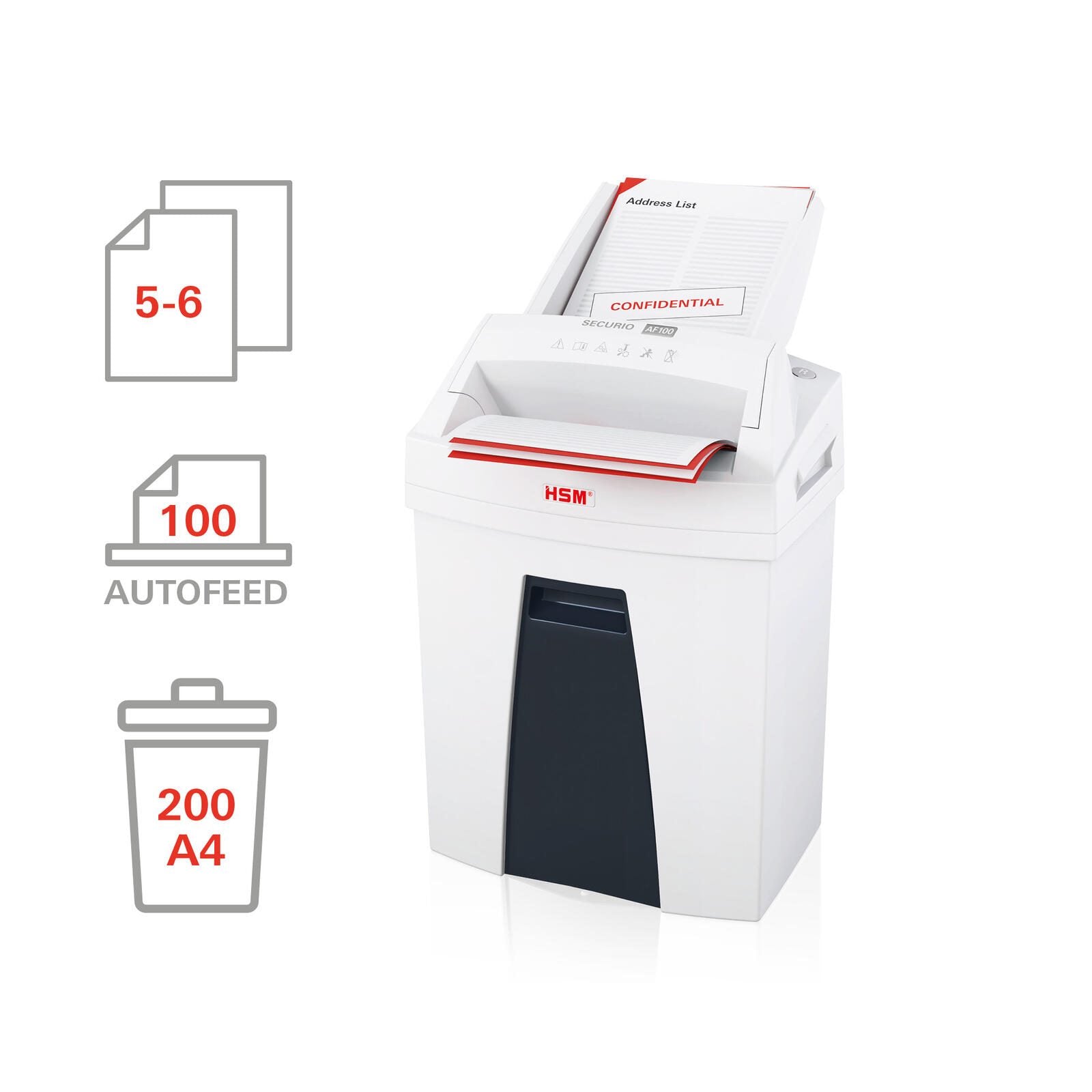 HSM Aktenvernichter SECURIO AF100 - Autofeed - Sicherheitsstufe 4 - Partikelschnitt - 4 x 25 mm - 6 Blatt