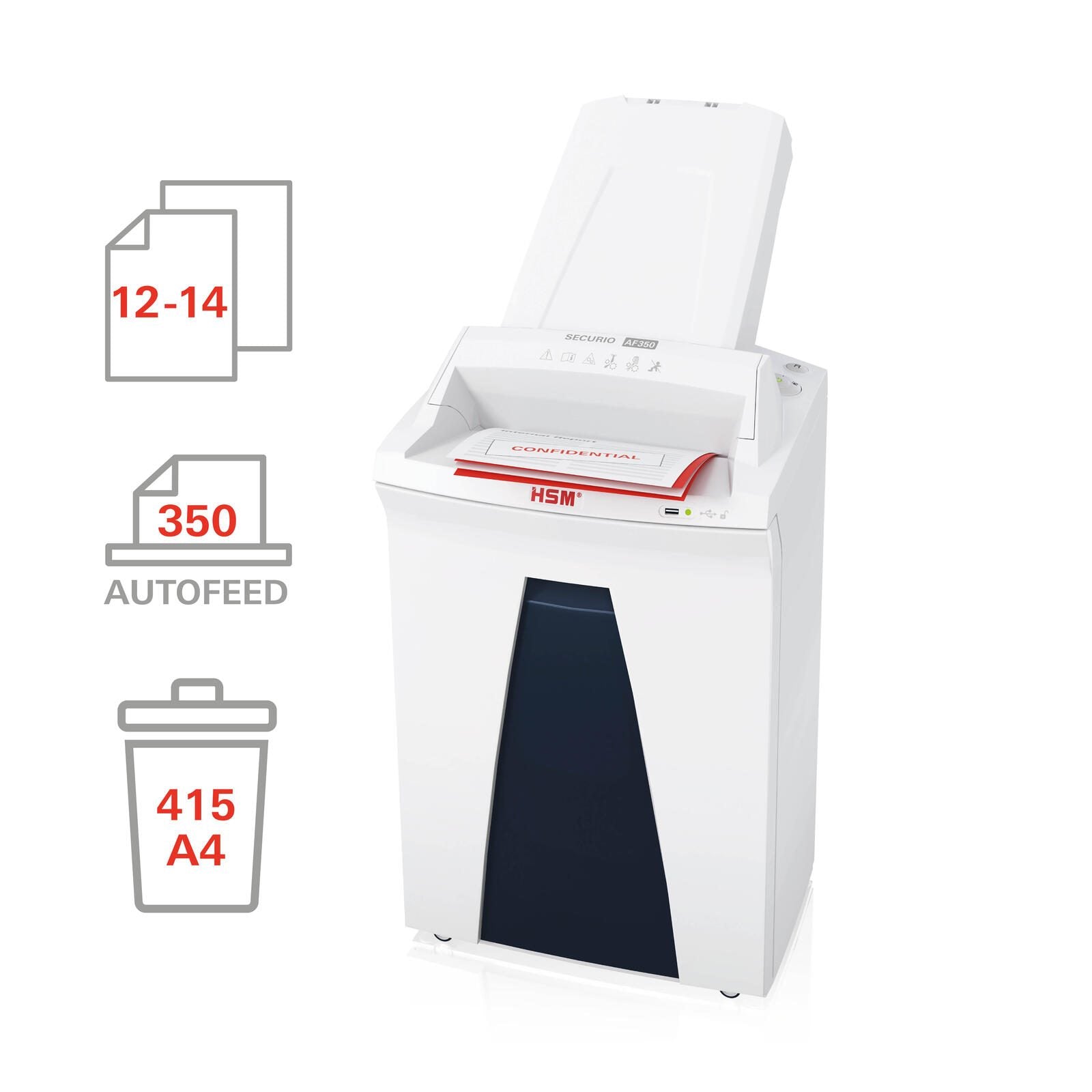HSM Aktenvernichter SECURIO AF350 - Autofeed - Sicherheitsstufe 4 - Partikelschnitt - 4,5 x 30 mm - 14 Blatt
