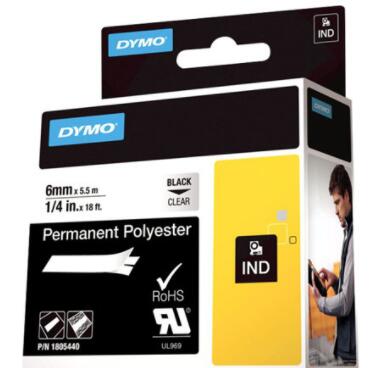 DYMO® Original IND-Schriftband für Rhino™ Permanent Polyester 6mm x 5,5m - schwarz auf transparent