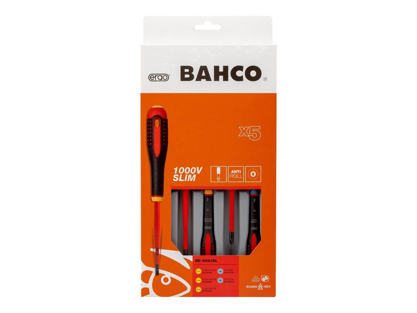 BAHCO 9882sl insulated  slotted screwdrivers 5 pcs 1000v -  slimblade be-9882sl pz/lk