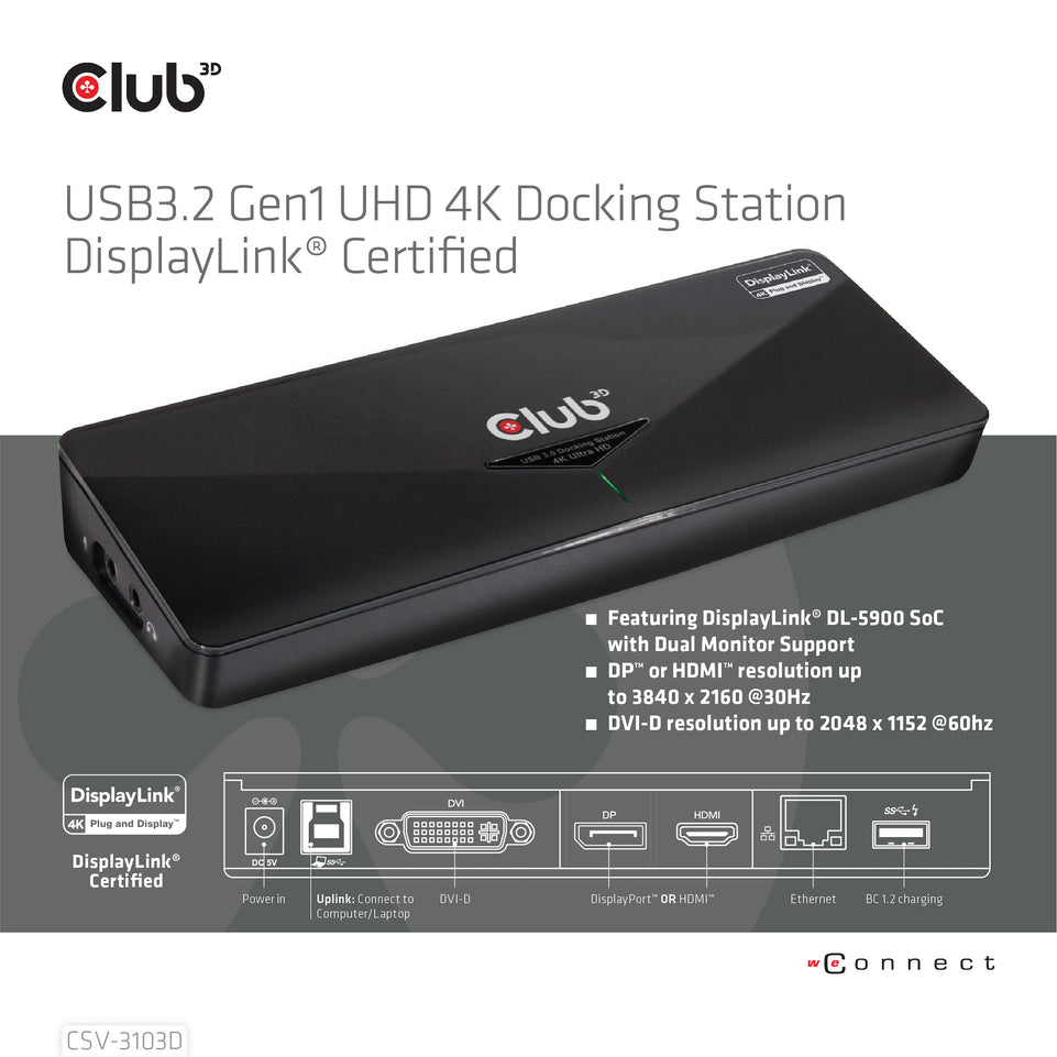 Club3D 4K Dockingstation USB3 ->3xUSB3/HDMI/DP/DVI/ black retail