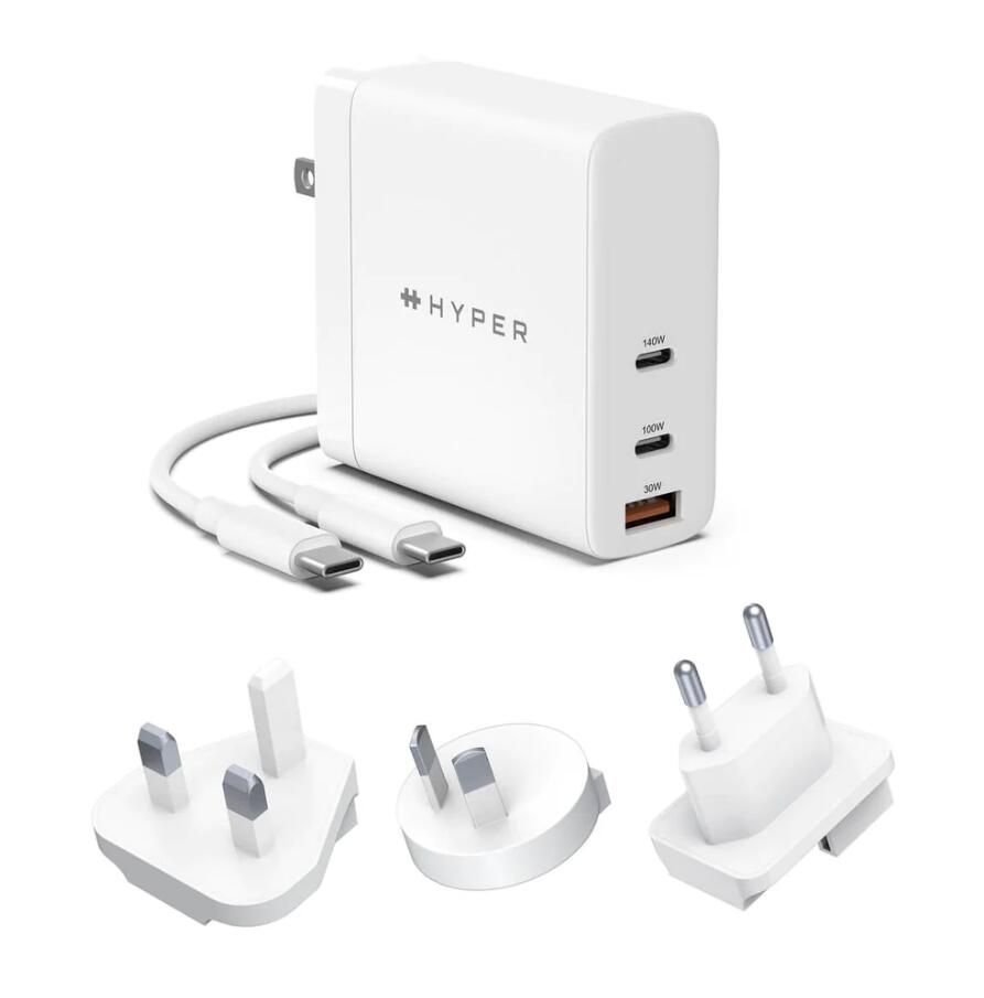 Hyper® HyperJuice PD3.1 140 W 3-port GaN Wall-Charger - w 2m USB-C to C PD3.1 cable & Travel Adapters