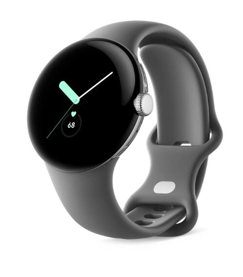 Google Pixel Watch (Wi-Fi) - 41mm in Polished Silver mit Sportarmband in Charcoal