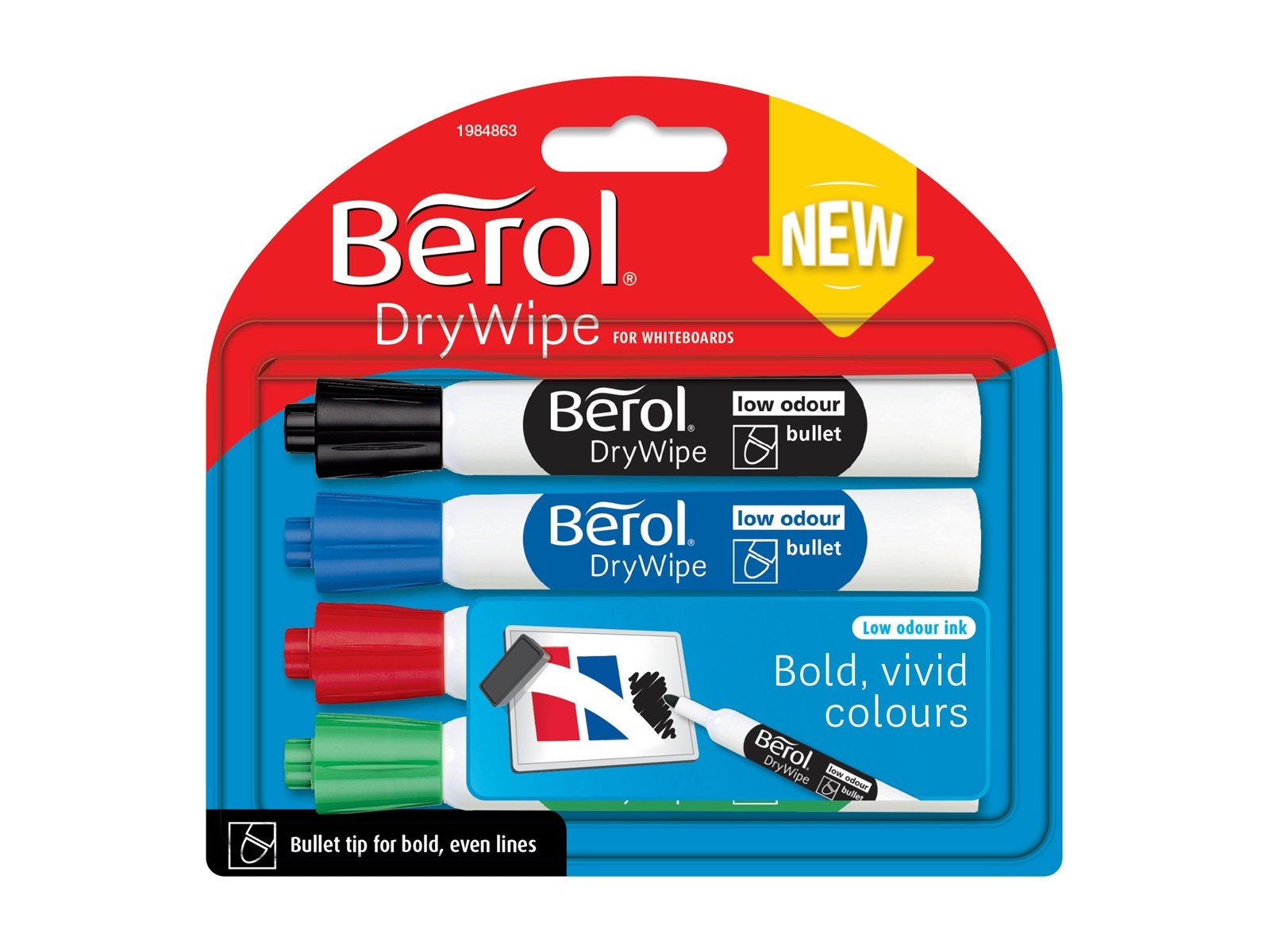 Berol Trocken abwischbarer Whiteboard-Marker, Punktspitze: 2 mm – farblich sortiert, 4er-Pack