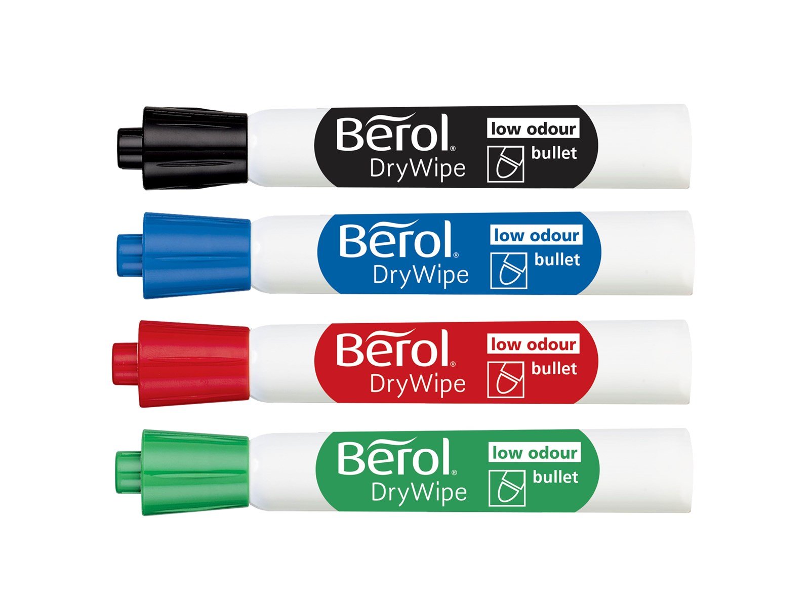 Berol Trocken abwischbarer Whiteboard-Marker, Punktspitze: 2 mm – farblich sortiert, 4er-Pack