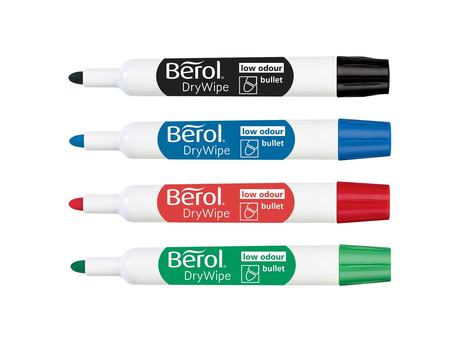 Berol Trocken abwischbarer Whiteboard-Marker, Punktspitze: 2 mm – farblich sortiert, 4er-Pack