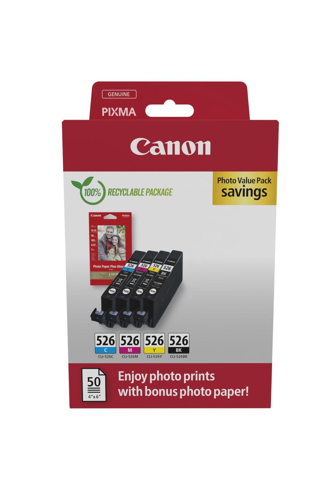 Canon Original CLI-526 Druckerpatronen Value Pack - 1 x schwarz / je 1 x CMY + 50 Blatt Fotopapier (4540B019)