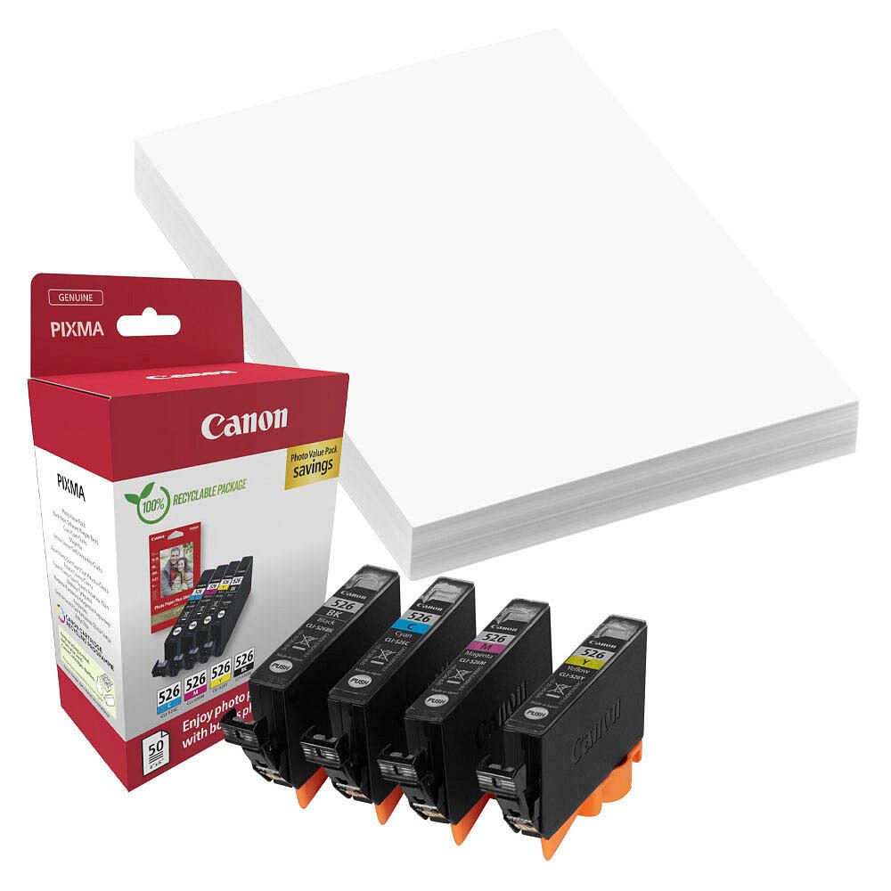 Canon Original CLI-526 Druckerpatronen Value Pack - 1 x schwarz / je 1 x CMY + 50 Blatt Fotopapier (4540B019)