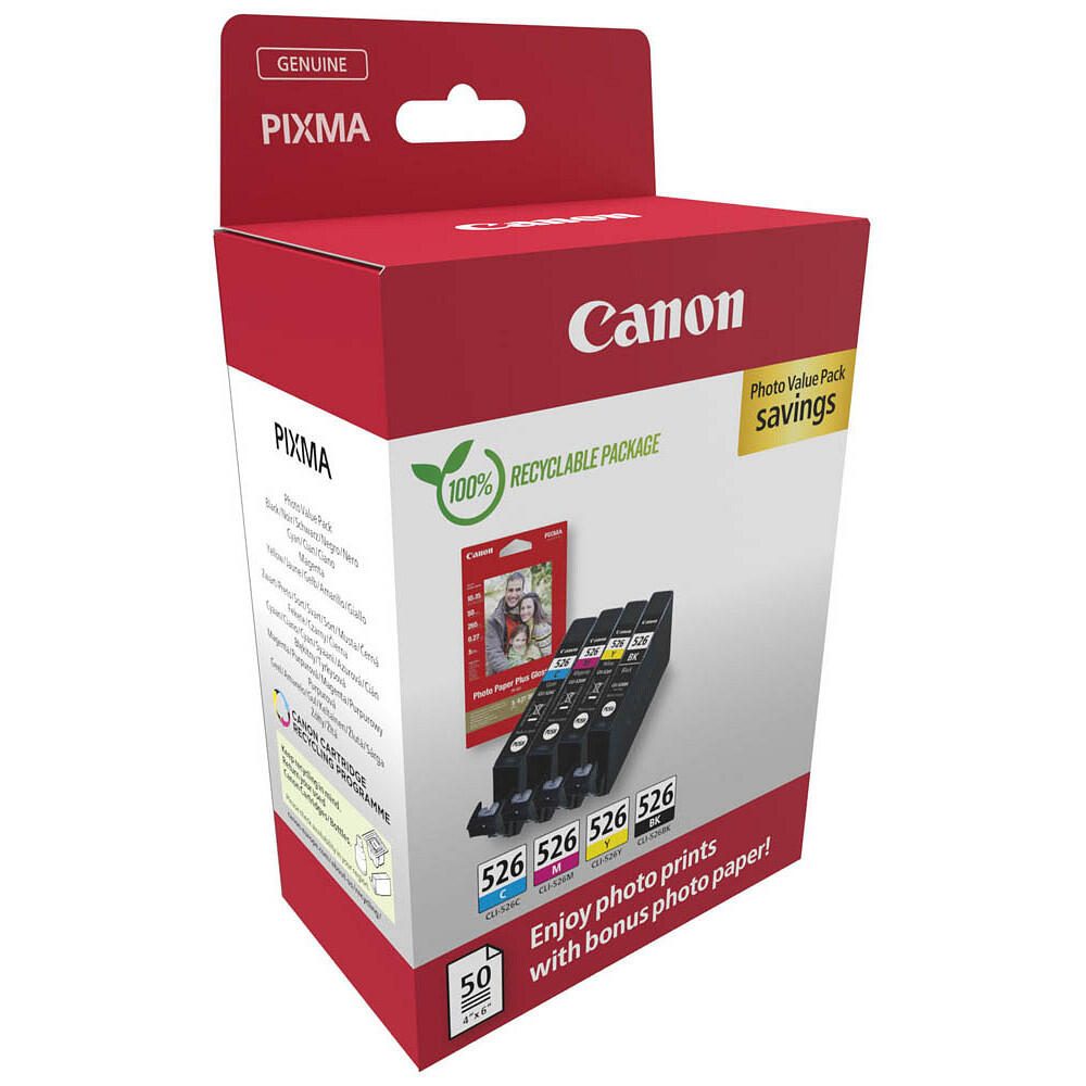 Canon Original CLI-526 Druckerpatronen Value Pack - 1 x schwarz / je 1 x CMY + 50 Blatt Fotopapier (4540B019)