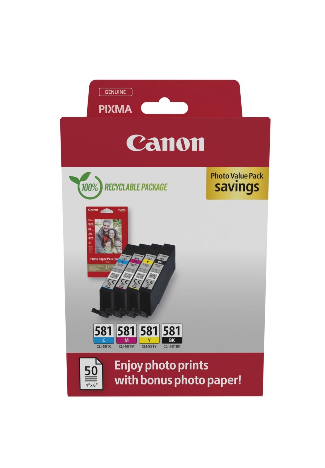 Canon Original CLI-581 Druckerpatronen Value Pack - 1 x schwarz / je 1 x CMY + 50 Blatt Fotopapier (2106C006)
