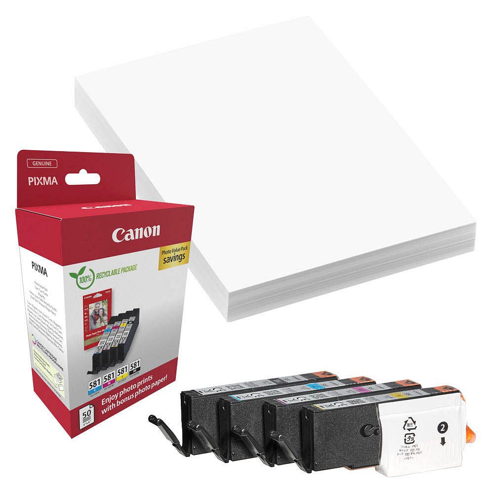 Canon Original CLI-581 Druckerpatronen Value Pack - 1 x schwarz / je 1 x CMY + 50 Blatt Fotopapier (2106C006)